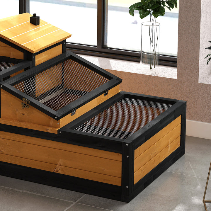 Wooden Tortoise House with Balcony, Tray, Roof, for Indoor and Outdoor, Yellow