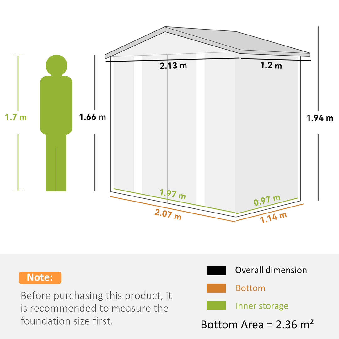 7 x 4ft Garden Shed, Easy to Assemble, Upgraded Galvanised Steel Frame with Foundation Kit, Double Doors with Lock, Outdoor Metal Shed with Vents and Gloves, Garden Storage Shed, Green