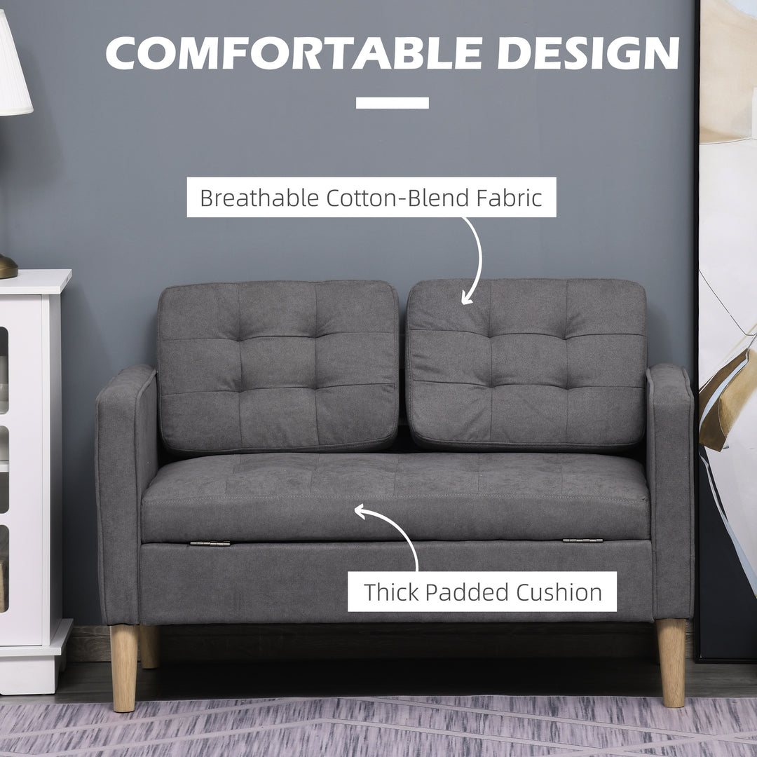 Modern 2 Seater Sofa with Hidden Storage, 117cm Tufted Cotton Couch with Wood Legs, Compact Loveseat for Living Room, Kitchen, Grey