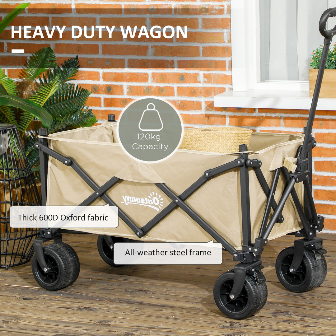Outsunny Folding Garden Trolley, Outdoor Wagon Cart with Carry Bag, for Beach, Camping, Festival, 120KG Capacity, Khaki