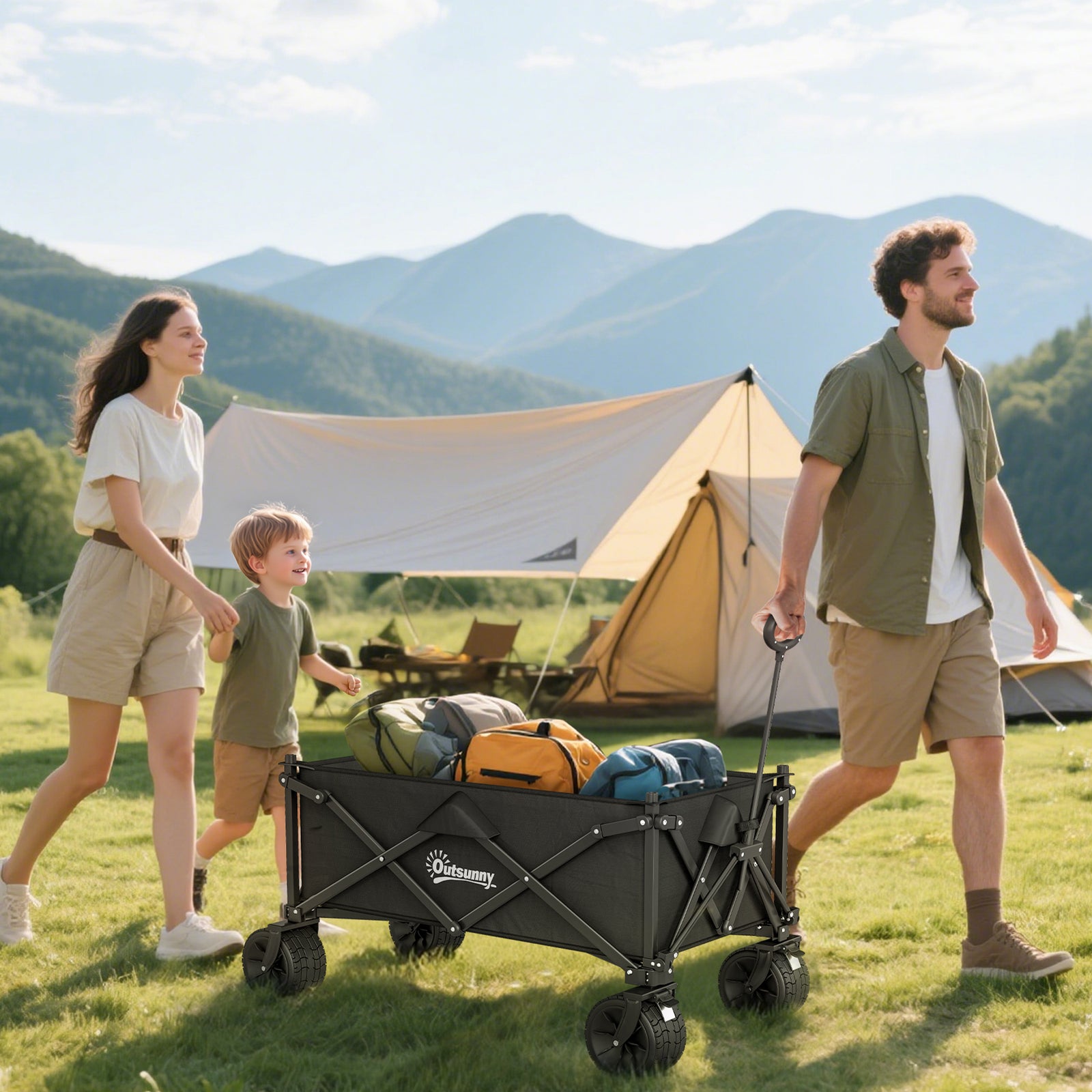 Folding Garden Trolley, Outdoor Wagon Cart with Carry Bag, for Beach, Camping, Festival, 120KG Capacity, Black