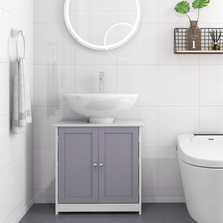 60x60cm Under-Sink Storage Cabinet w/ Adjustable Shelf Handles Drain Hole Bathroom Cabinet Space Saver Organizer White and Grey