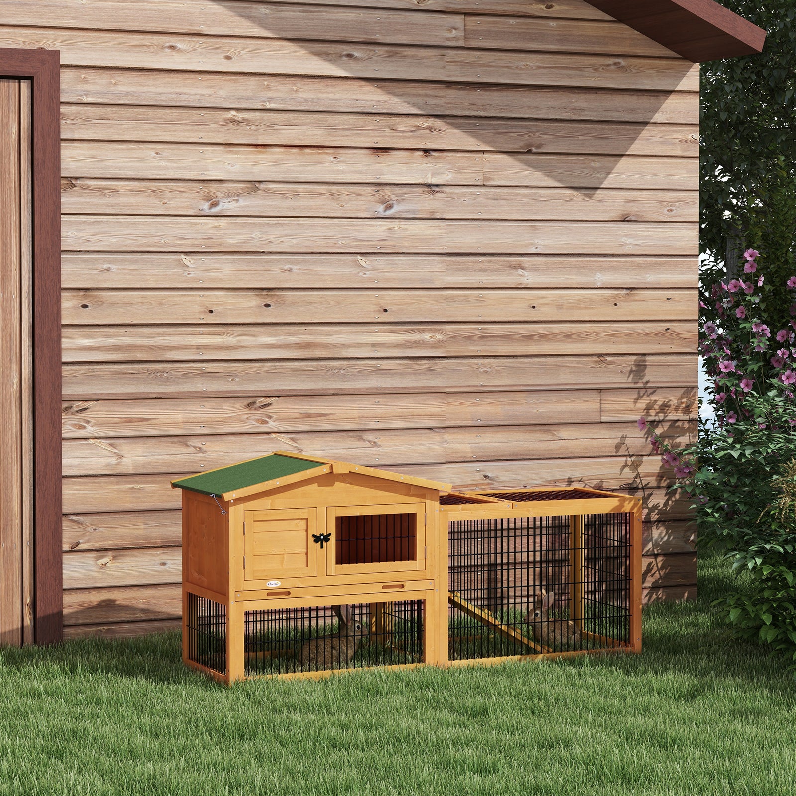 Wooden Rabbit Hutch with Outdoor Run Yellow