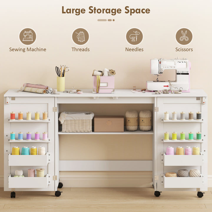 Folding Sewing Table with 2 Magnetic Doors, Storage Shelf, Lockable Wh