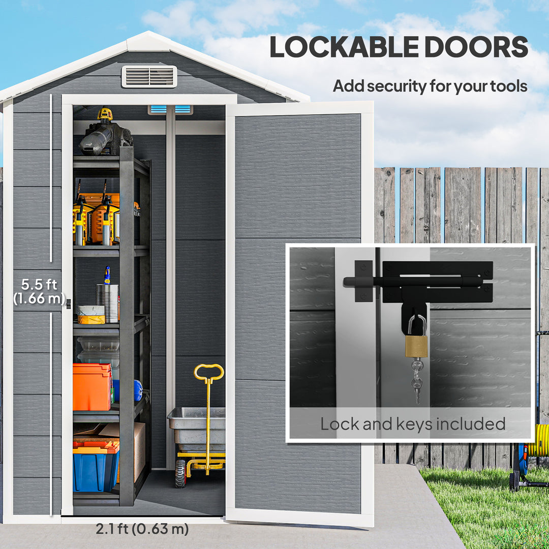 4 x 6ft Garden Shed, Plastic Shed with Floor, Window, Lockable Door and Vents, Resin Tool Shed for Outdoor Patio Storage, Zero Maintenance, Grey