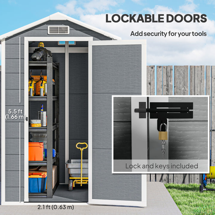 4 x 6ft Garden Shed, Plastic Shed with Floor, Window, Lockable Door and Vents, Resin Tool Shed for Outdoor Patio Storage, Zero Maintenance, Grey
