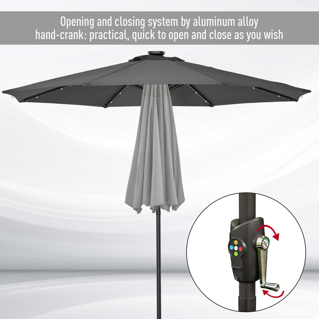Φ2.7m Garden 24 LED Light Parasol Solar Outdoor Tilt Sun Umbrella Patio Club Party Event Manual Sun Shade w/ Hand Crank and 8 Ribs, Grey