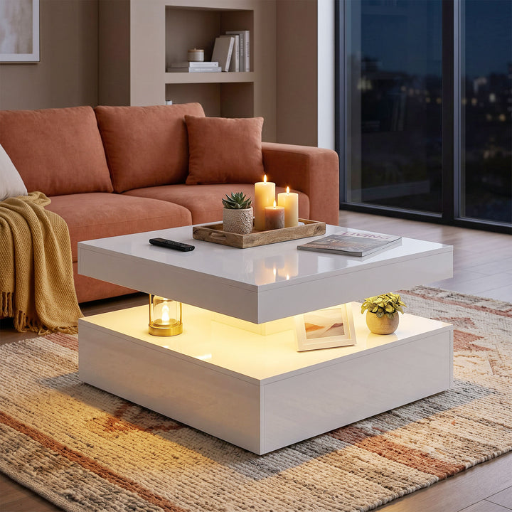 LED Coffee Table with Storage, 2-Tier Modern Centre Table with Open Sh