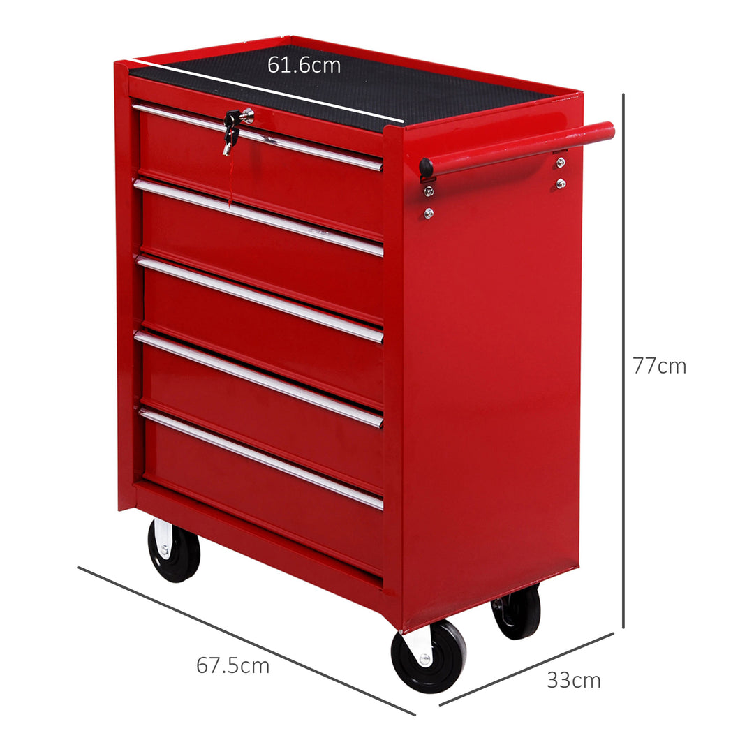 MCL 5 Drawer Tool Box on Wheels, Lockable Steel Tool Cabinet with Side Handle, Red