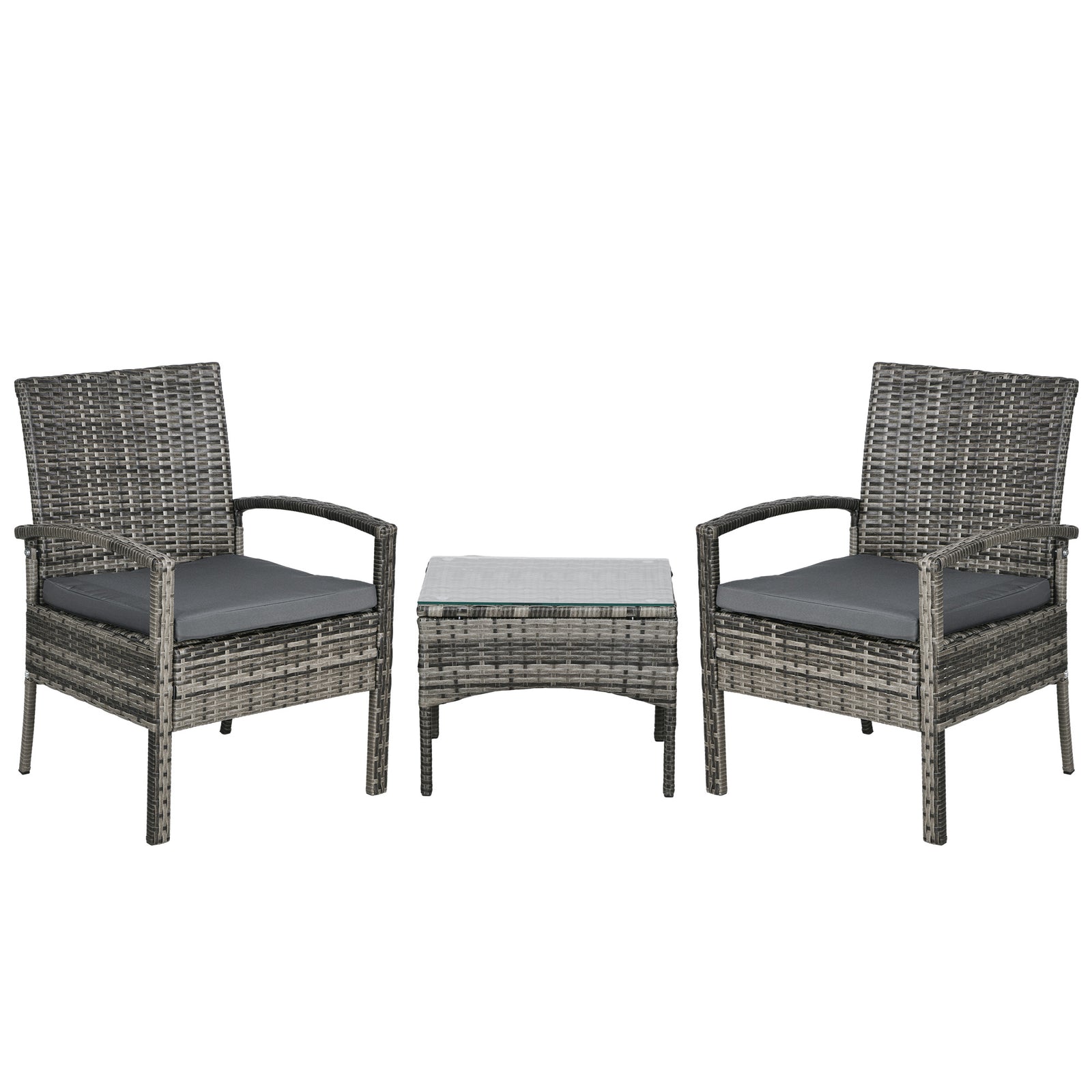 3 Pieces Rattan Bistro Set, Wicker Garden Furniture Set with Glass Top Coffee Table and Chairs, Washable Cushions for Outdoor, Patio, Balcony, Mixed Grey