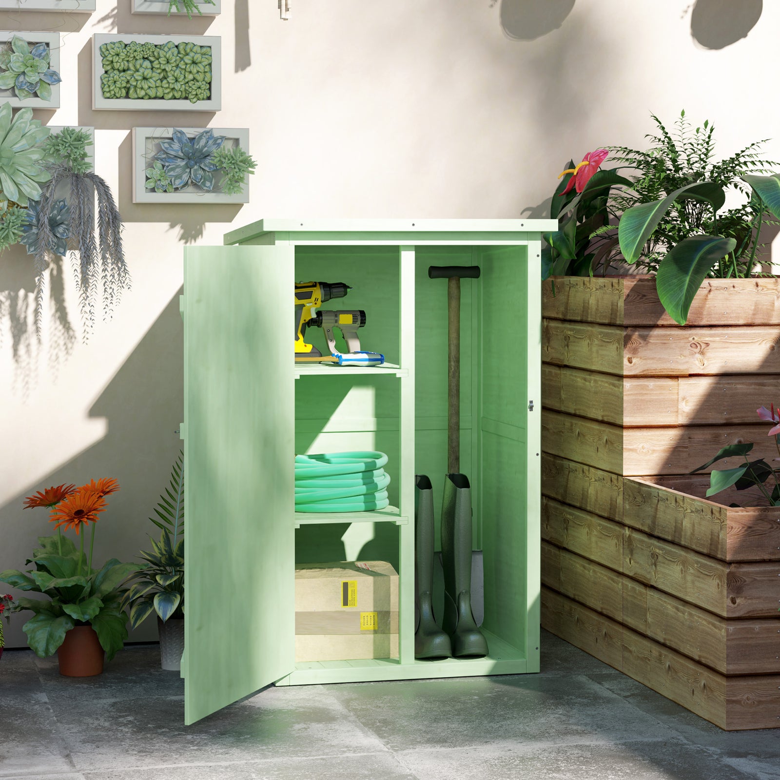 Wooden Small Shed, Garden Storage Shed with Shelves and Bolt Latch, 75L x 56W x115H cm, Green