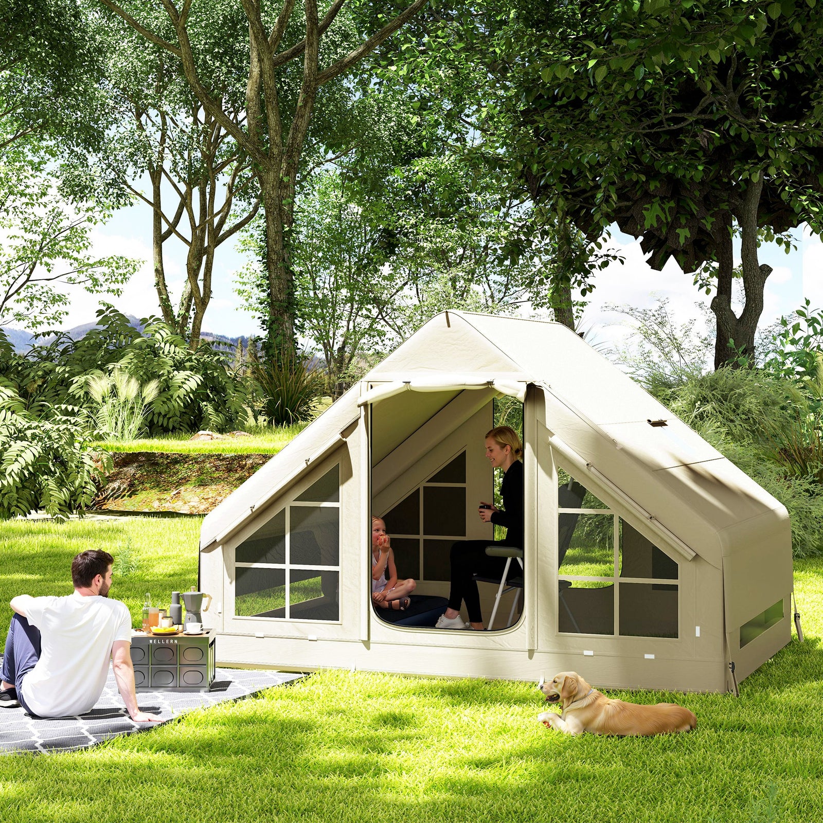 Inflatable Camping Tent with Pump, Stove Jack Hole, Easy Setup 2-4 Per