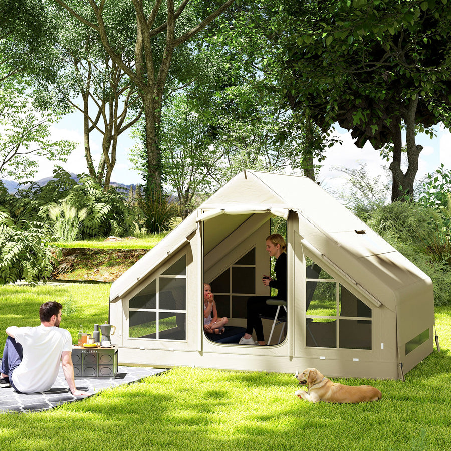 Inflatable Camping Tent with Pump and Stove Jack Hole, Easy Setup 2-4 Person Blow Up Tent, Waterproof Luxury Inflatable Tent with Mesh Windows, Doors, Hook and Carry Bag, Beige
