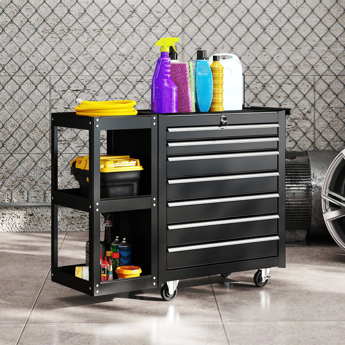 Lockable Steel Tool Chest on Wheels, 7 Drawer Tool Box with Handle for