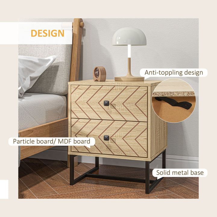 HOMCOM Unique Bedside Cabinet, Two-Drawer Nightstand, Zig Zag Design, Black Metal Handles, Melamine Finish