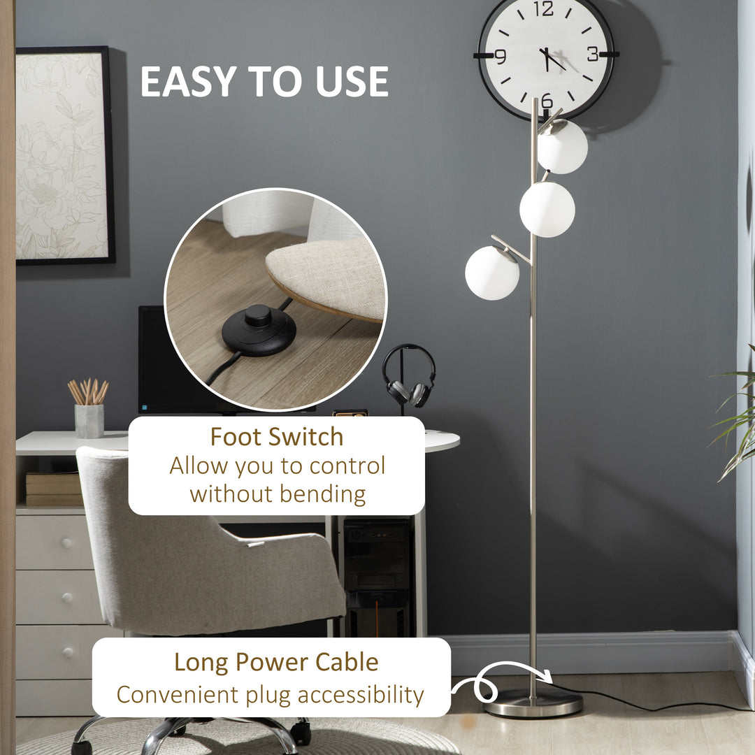 3-Light Tree Floor Lamps for Living Room, Modern Standing Lamp for Bedroom with Globe Lampshade, Steel Base, Bulb not Included, Silver
