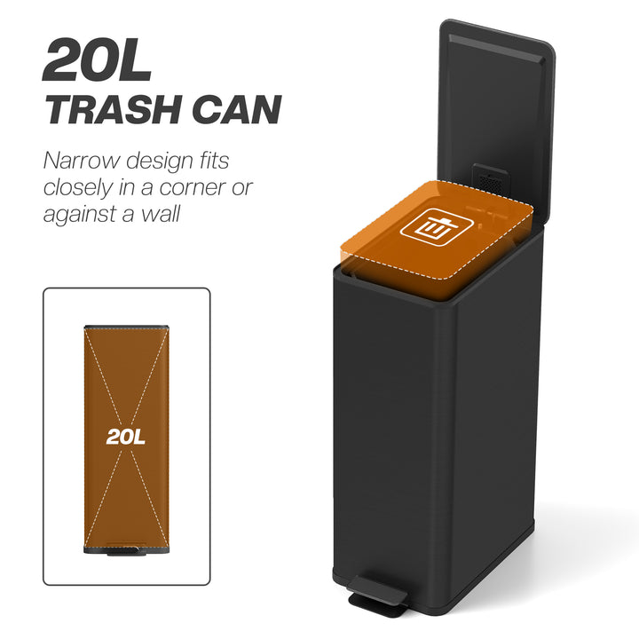 20L Kitchen Pedal Bin, Slim Stainless Steel Rubbish Bin with - view 4