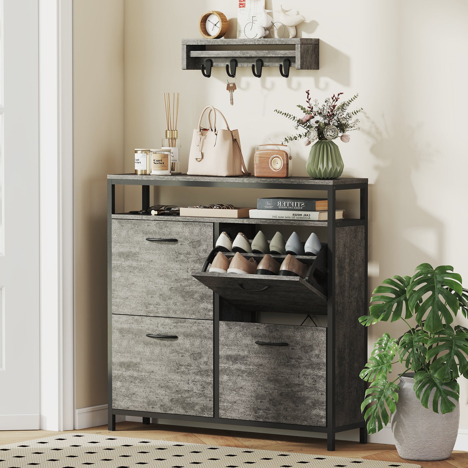 Shoe Storage Cabinet with 4 Flip Drawers and Open Shelf - Cement Grey