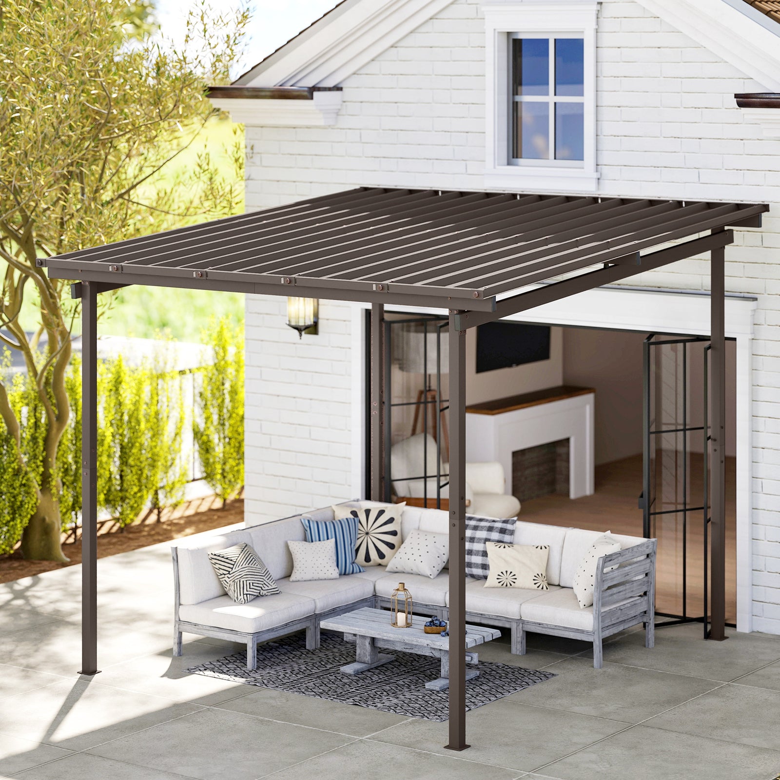 3 x 3(m) Garden Pergola with Waterproof Metal Roof, Lean to Pergola Hardtop Gazebo, Wind-resistant Outdoor Sun Shade, Easy to Assemble