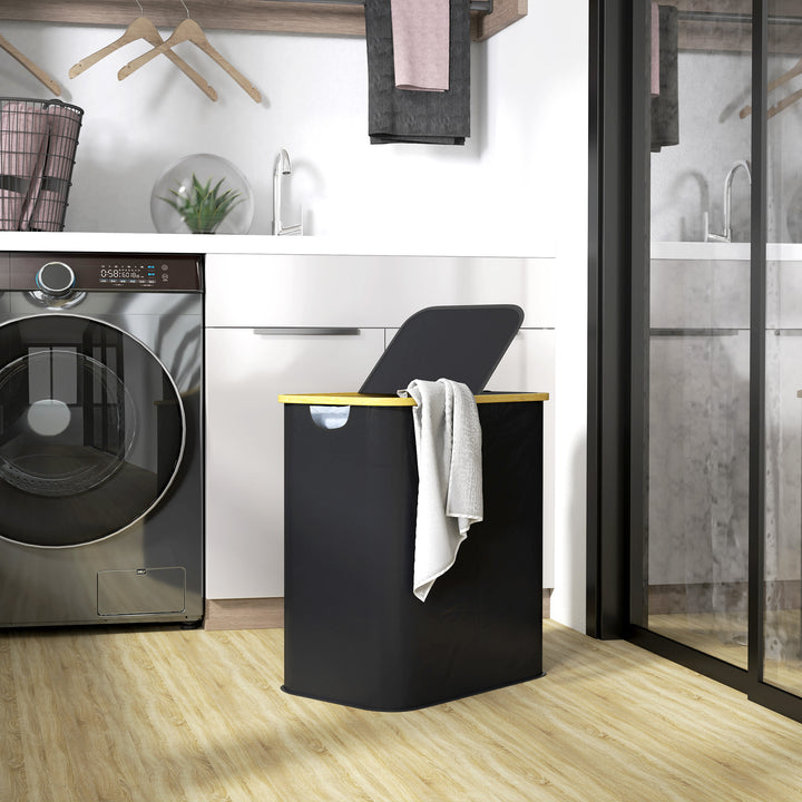 Double Laundry Basket With Lid, 80L Collapsible Laundry Hamper with Groove Handles, Washing Basket for Bathroom, Bedroom, Laundry Room, Black