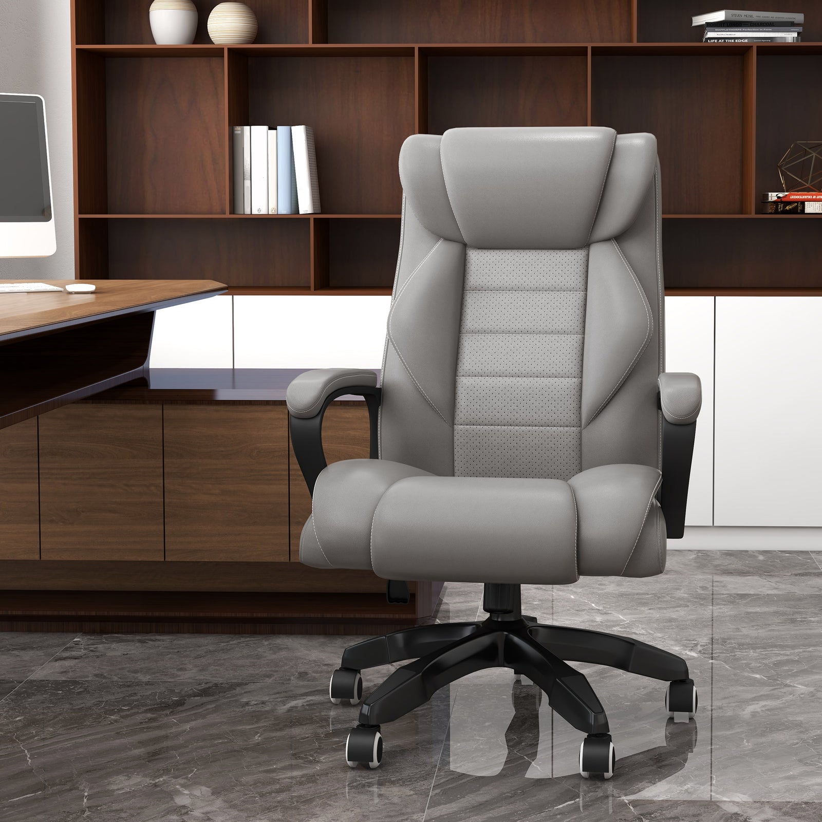 Office Chair with 6-Point Maaage and Back Heat, PU Desk Chair with Padded Seat and Armrest, Computer Chair with Tilt Function for Home, Grey