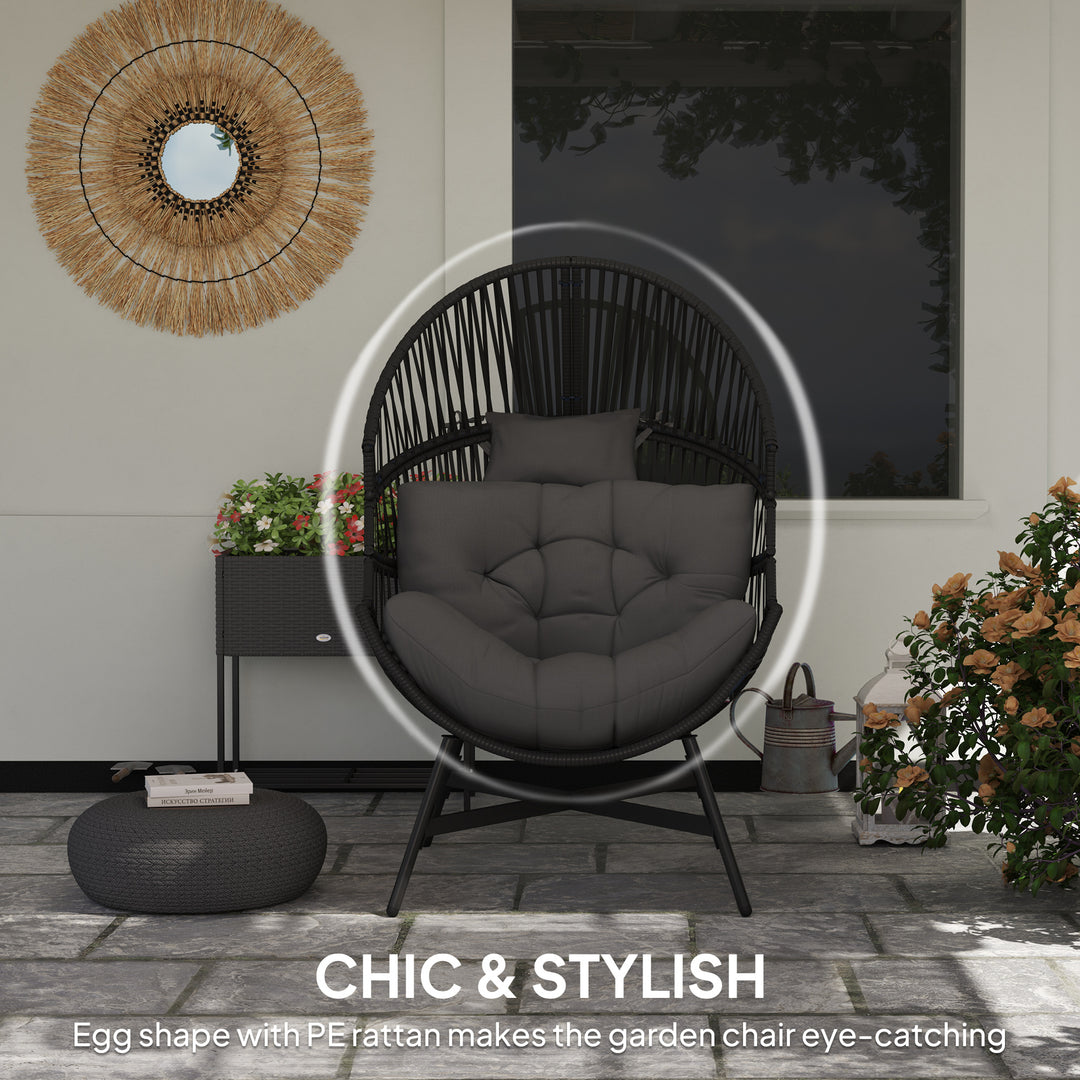 Rattan Egg Chair, Oversized Freestanding Garden Egg Chair with Thick Tufted Cushion, Headrest, Steel Frame for Indoor and Outdoor Use, Charcoal Grey