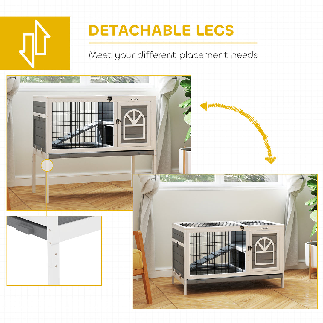 Wooden Rabbit Hutch, Guinea Pig Cage, with Removable Tray, Openable Roof, Grey