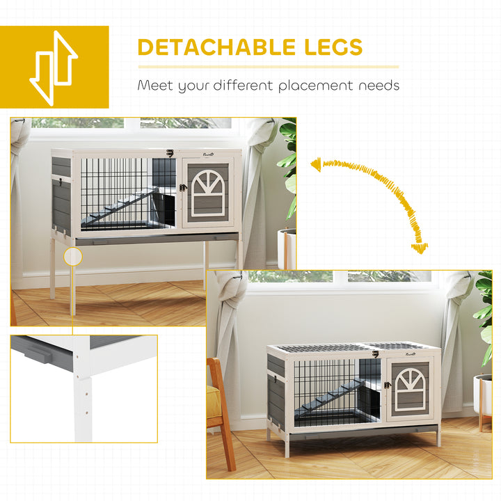 Wooden Rabbit Hutch, Guinea Pig Cage, with Removable Tray, Openable Roof, Grey