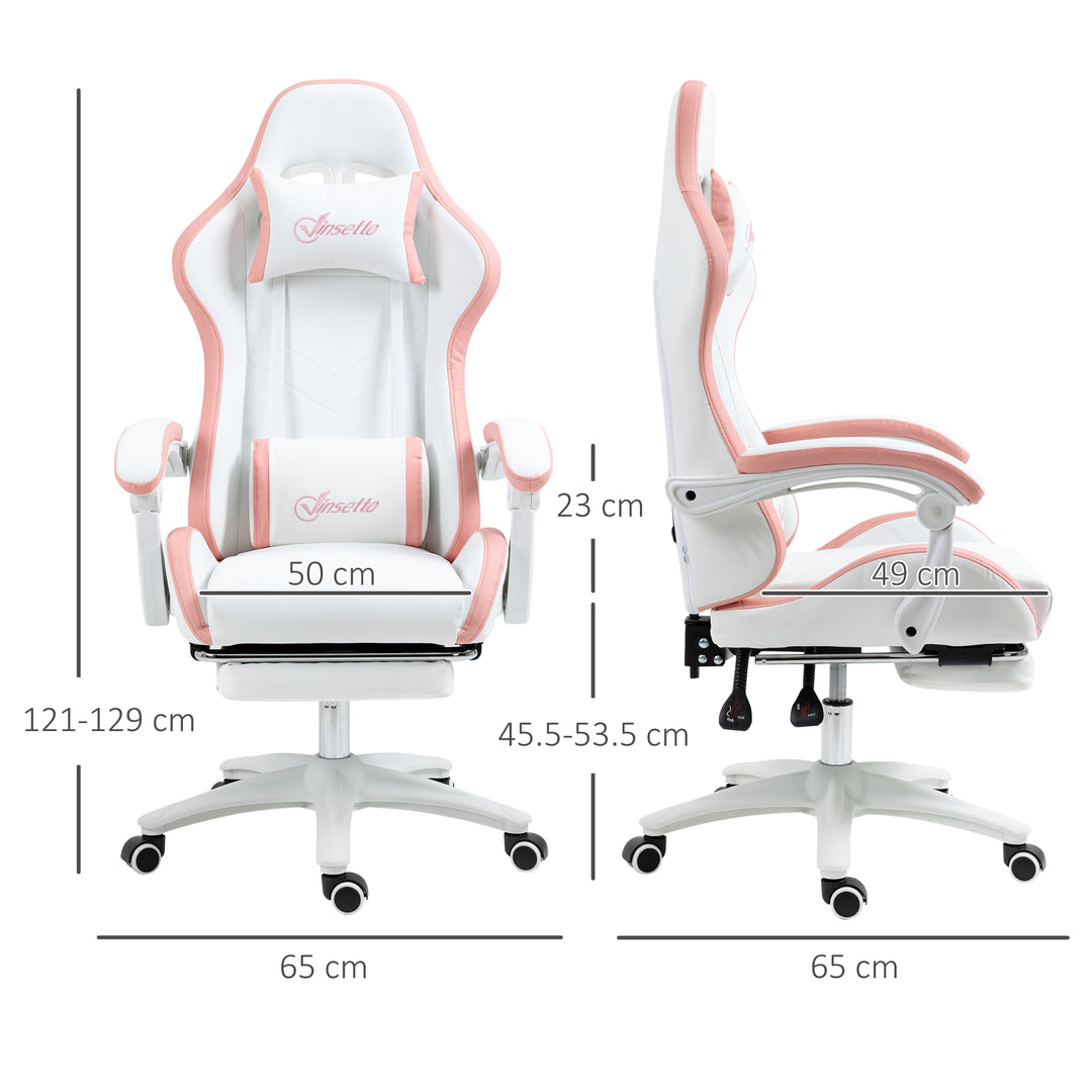 Computer Gaming Chair, PU Leather Office Desk Chair with Footrest, Swivel Wheels, 135° Reclining Back, Lumbar Support, Headrest for Home, White and Pink