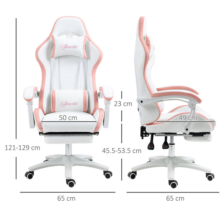 Computer Gaming Chair, PU Leather Office Desk Chair with Footrest, Swivel Wheels, 135° Reclining Back, Lumbar Support, Headrest for Home, White and Pink