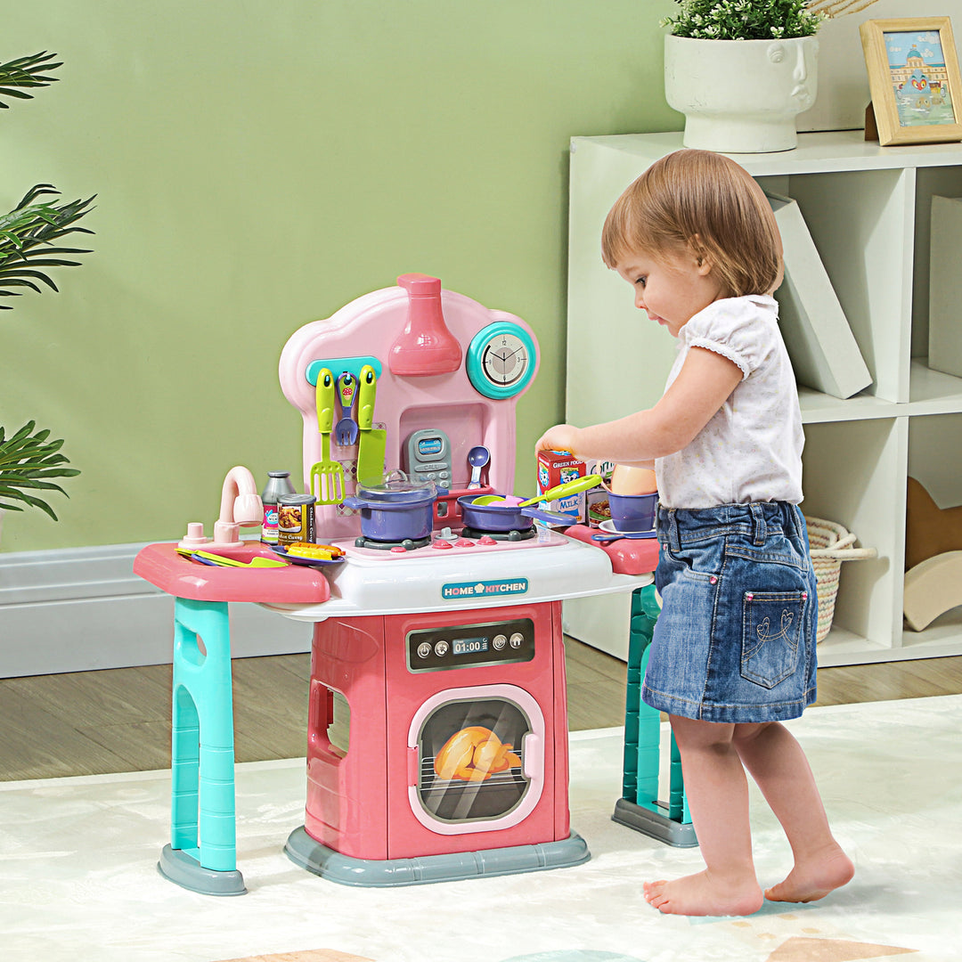 AIYAPLAY Toy Kitchen, 45 Pieces Kids Kitchen with Rotating Side Tables, Toddler Pretend Role Play Kitchen with Light, Sounds, Spray Effect for Children 3-6 Years, Pink | Aosom UK