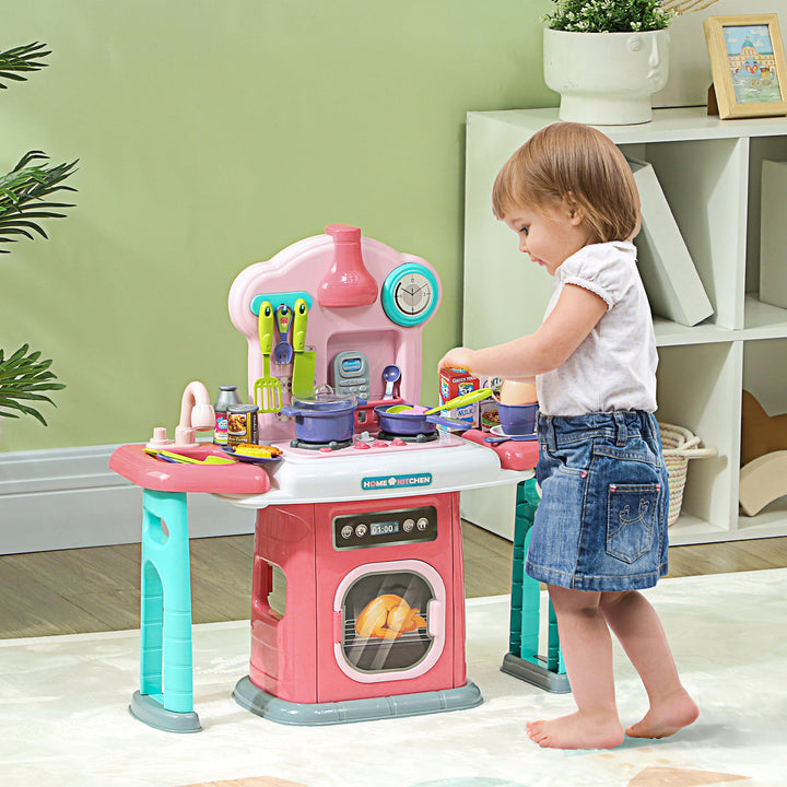 AIYAPLAY Toy Kitchen, 45 Pieces Kids Kitchen with Rotating Side Tables, Toddler Pretend Role Play Kitchen with Light, Sounds, Spray Effect for Children 3-6 Years, Pink | Aosom UK