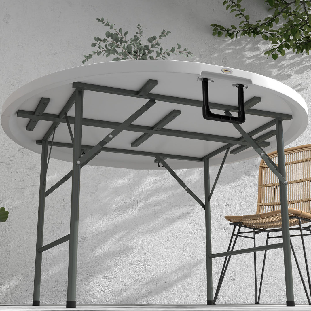 Folding Garden Table, Φ122 cm Round HDPE Outdoor Picnic Table for 6, Metal Frame for Patio, Park, White