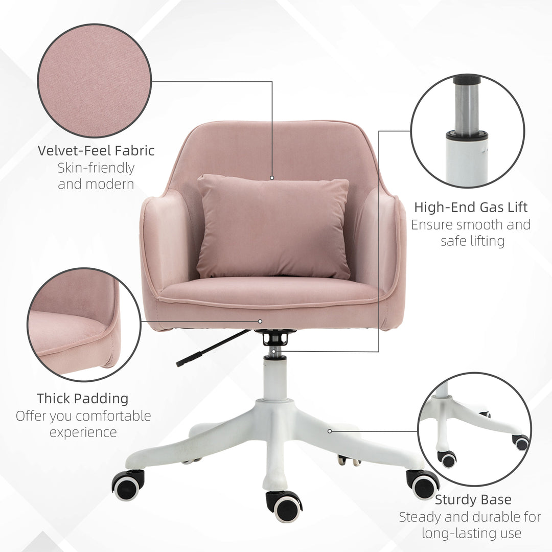 Velvet Office Chair, Desk Chair, Makeup Vanity Chair with Massage Lumbar Pillow and Rolling Wheels for Bedroom and Home, Pink