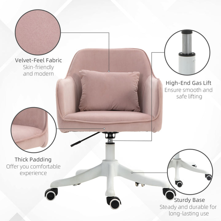 Velvet Office Chair, Desk Chair, Makeup Vanity Chair with Massage Lumbar Pillow and Rolling Wheels for Bedroom and Home, Pink
