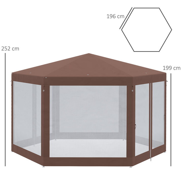 Outsunny Hexagonal Garden Gazebo Patio Party Outdoor Canopy Tent Sun Shelter with Mosquito Netting and Zipped Door, Brown