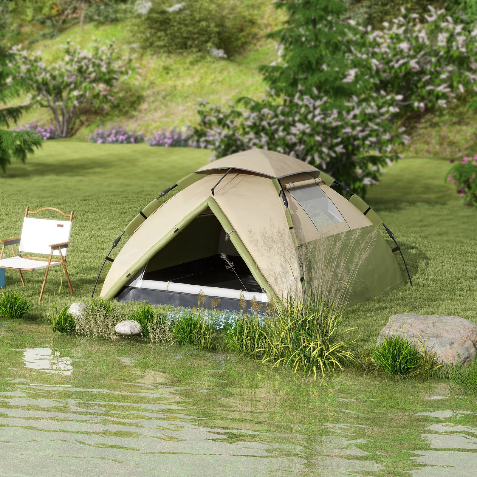 Two-Man One Room Camping Tent, with Accessories - Dark Green