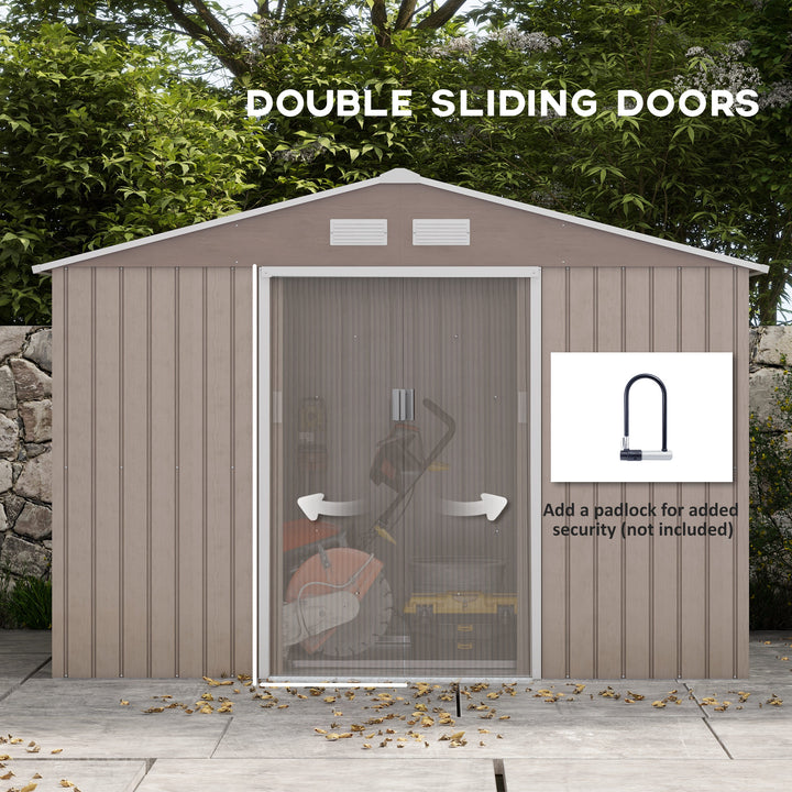 9 x 6ft Steel Garden Shed, Outdoor Storage Tool House with Vents, Foundation and Lockable Double Doors, Brown