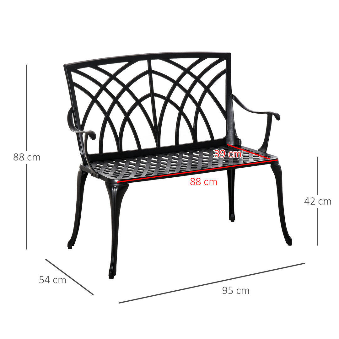 2-Seater Cast Aluminium Garden Bench Loveseat Outdoor Furniture Chair w/ Decorative Backrest & Ergonomic Armrest for Patio Terrace Porch