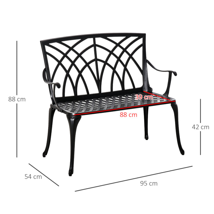2-Seater Cast Aluminium Garden Bench Loveseat Outdoor Furniture Chair w/ Decorative Backrest & Ergonomic Armrest for Patio Terrace Porch