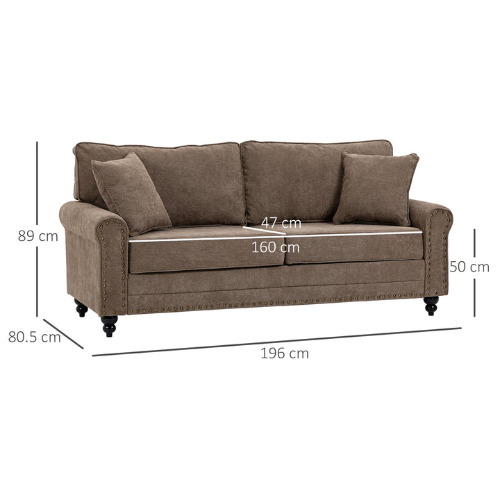 3 Seater Sofa, Fabric Couch with Rubber Wood Legs, 3 Seater Settee with Extra Padded Cushions and Pillows for Living Room, 196W x 80.5D x 89H cm, Brown