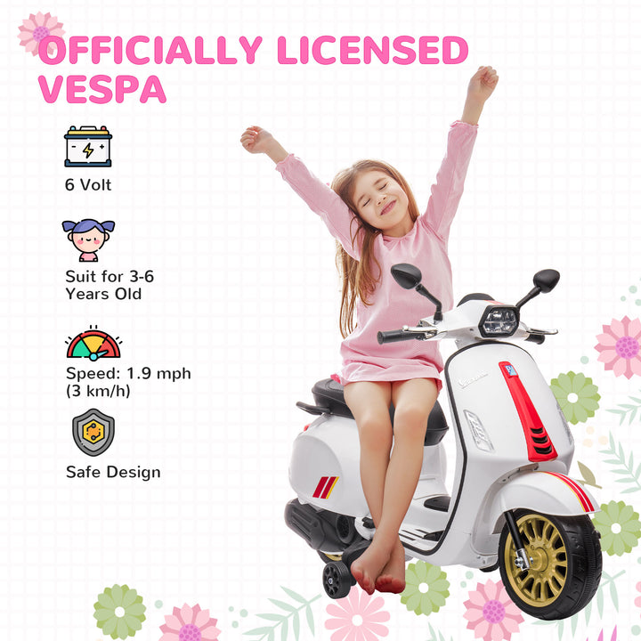 AIYAPLAY 12V Vespa Licensed Kids Electric Motorbike w/ Music, Headlights, FM Radio, for 3-6 Years - White