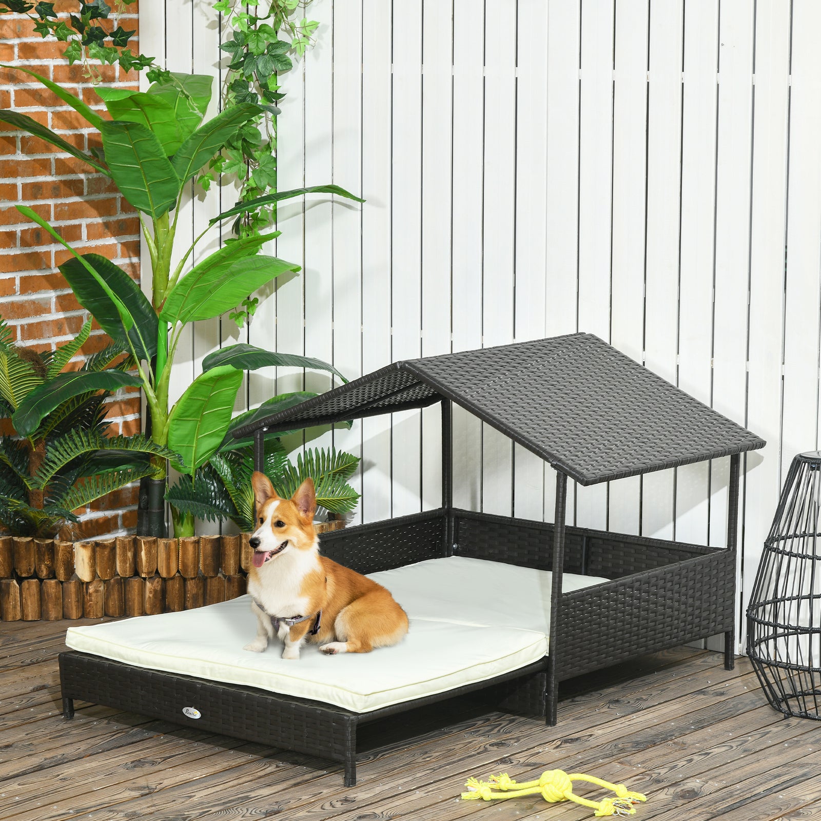 Extendable Elevated Dog Bed, Rattan Dog House, with Water-Resistant Roof, Removable Cushion, Cream