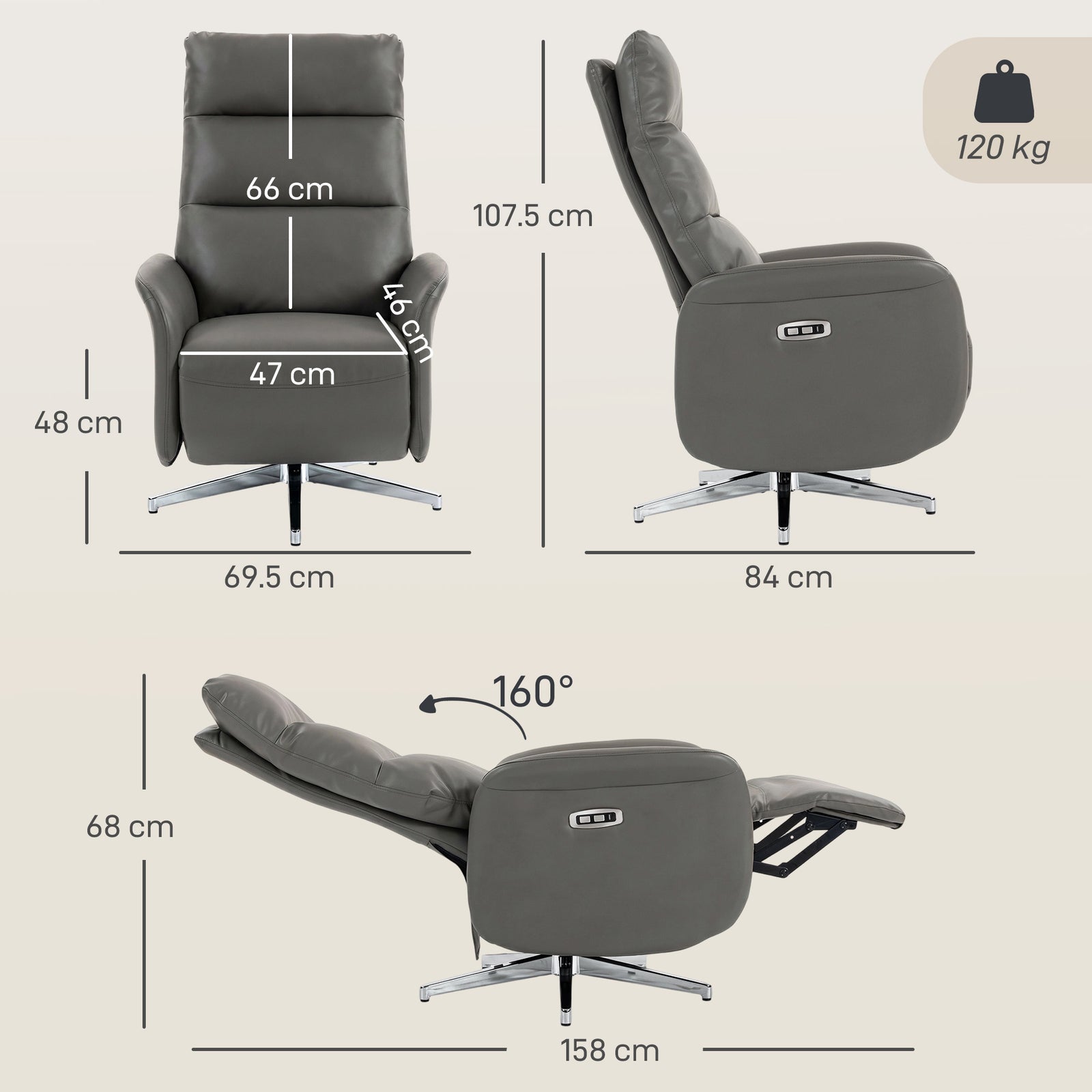 Power Recliner Chair, Swivel Electric Reclining Chair with Type C+USB,