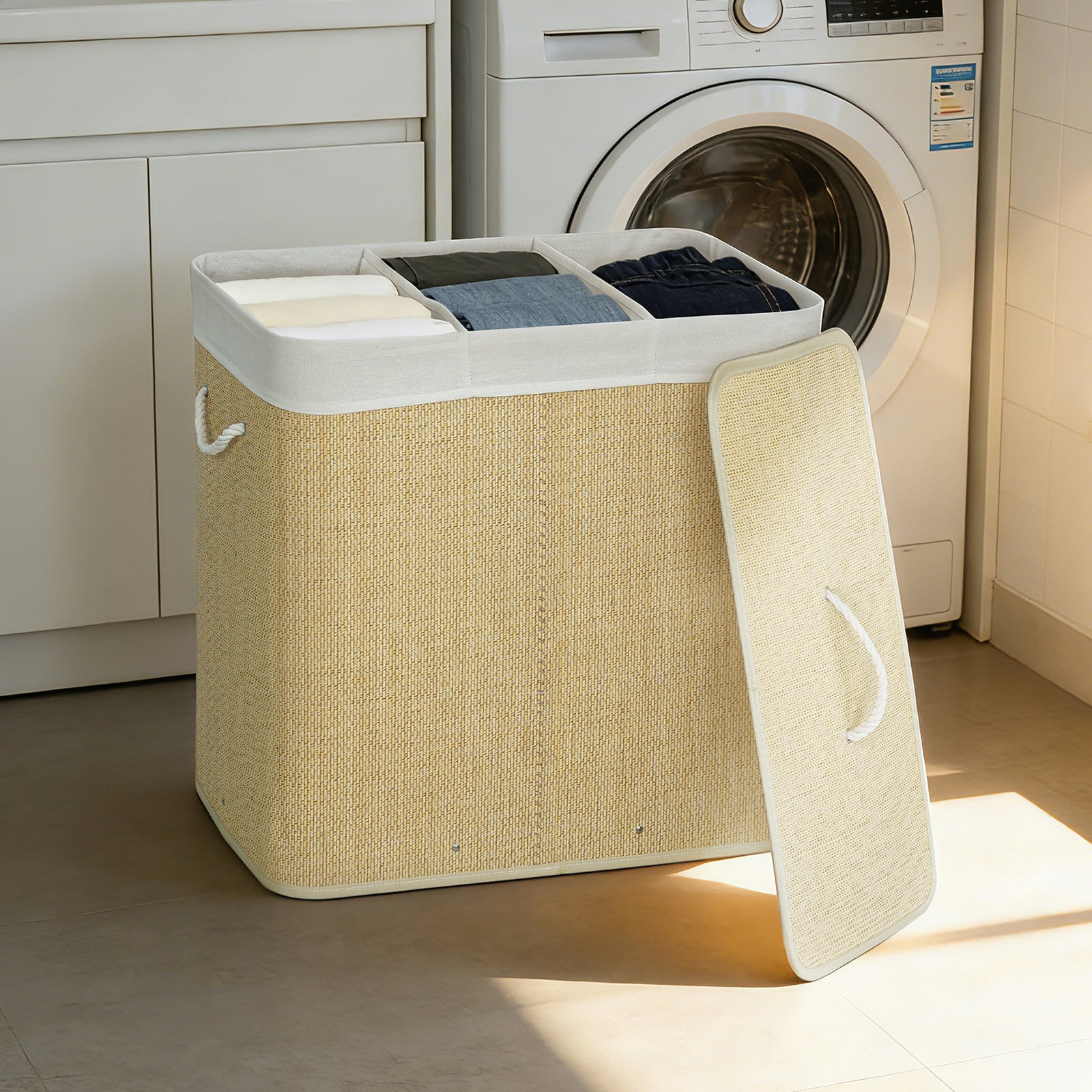 3 Section Laundry Basket with Lid, 144L Bamboo Laundry Hamper with Han