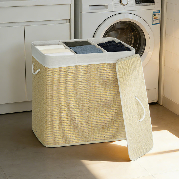 3 Section Laundry Basket with Lid, 144L Bamboo Laundry Hamper with Han