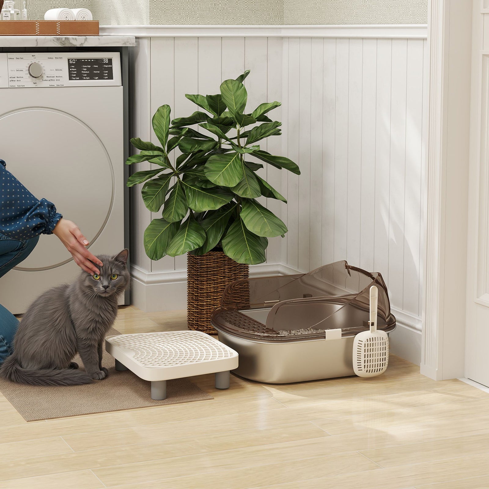 Stainless Steel Litter Box with Lid, High Wall Sided Enclosure, Pedal, Scoop, Non-Sticky, Anti-Leakage, Easy Cleaning