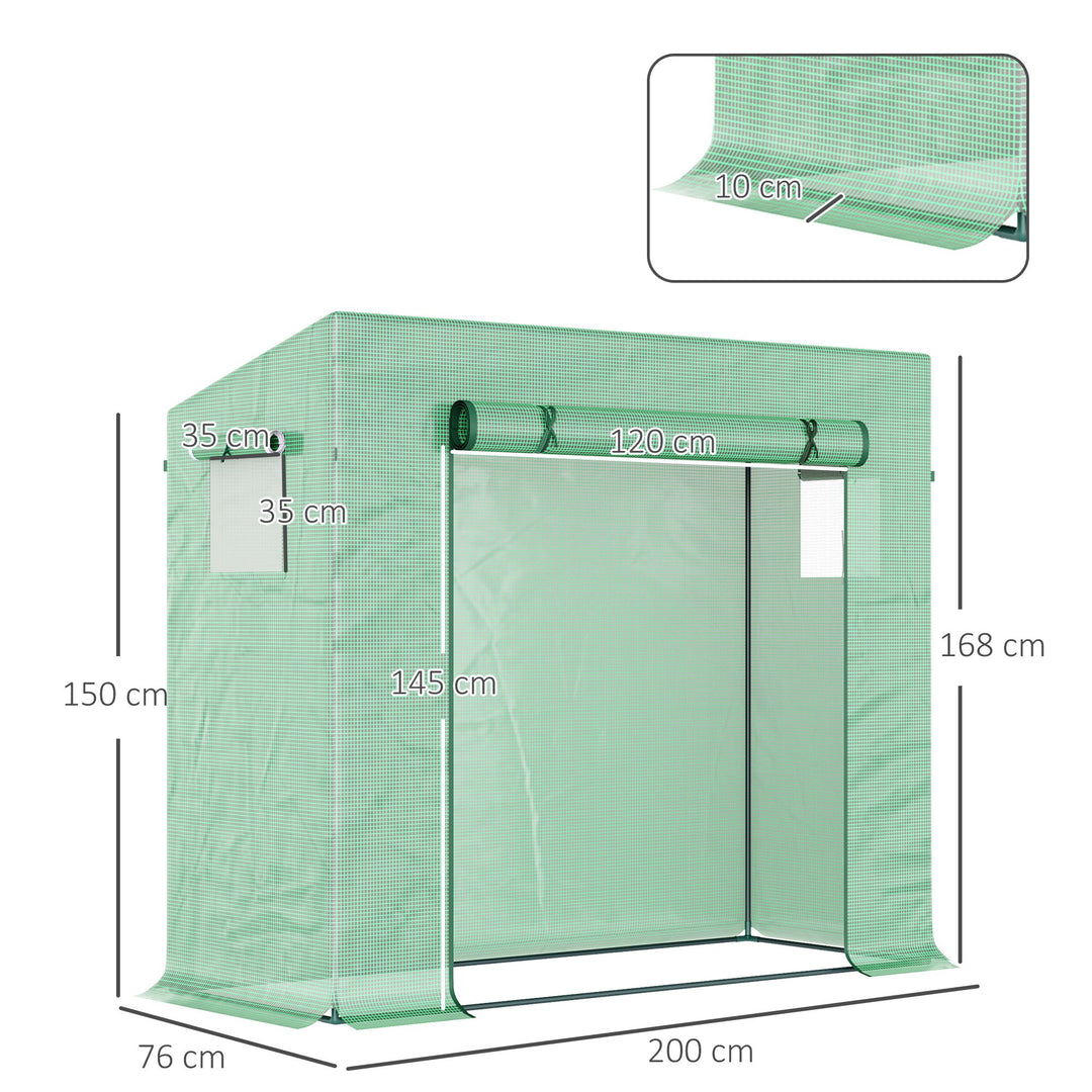 MCL Small Walk-in Garden Greenhouse with Steel Frame, Large Roll-up Door and Windows, 200Lx76Wx168Hcm, Green