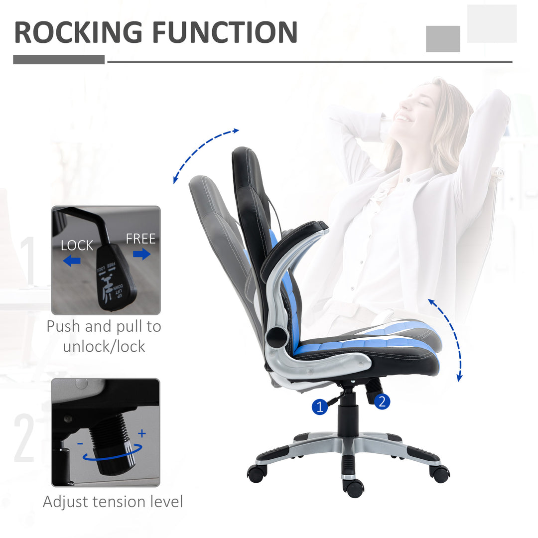 Computer Gaming Chair, Office Desk Swivel Chair, PU Leather Racing Chair with 90° Flip-up Armrest, Adjustable Height and Rolling Wheels, Blue