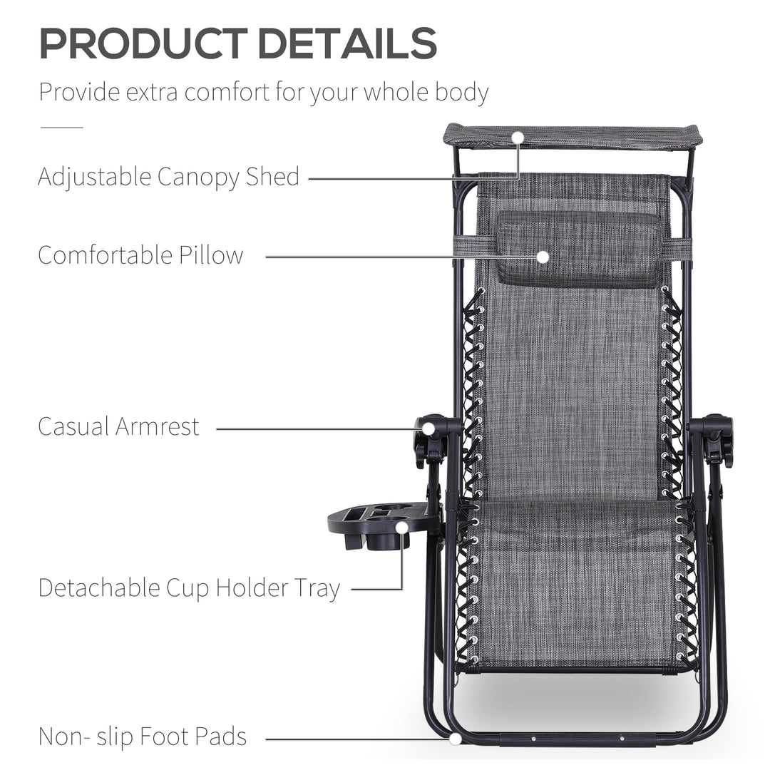 Outsunny Zero Gravity Chair, Folding Deck Chair with Cup Holder and Sunshade, Reclining Patio Sun Lounger, Grey | Aosom UK